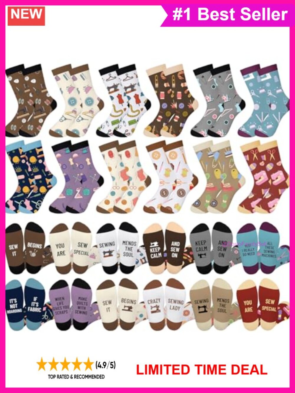 12 Pairs Funny Sewing Theme Polyester Tube Socks Gift Set One Size